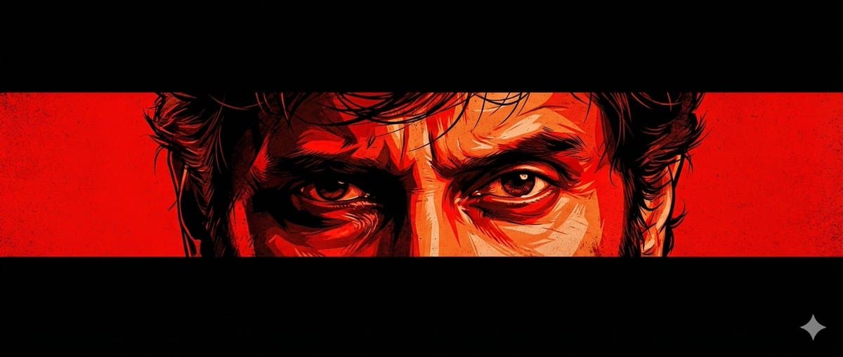 A cinematic poster-style artwork featuring an intense close-up of a man’s eyes