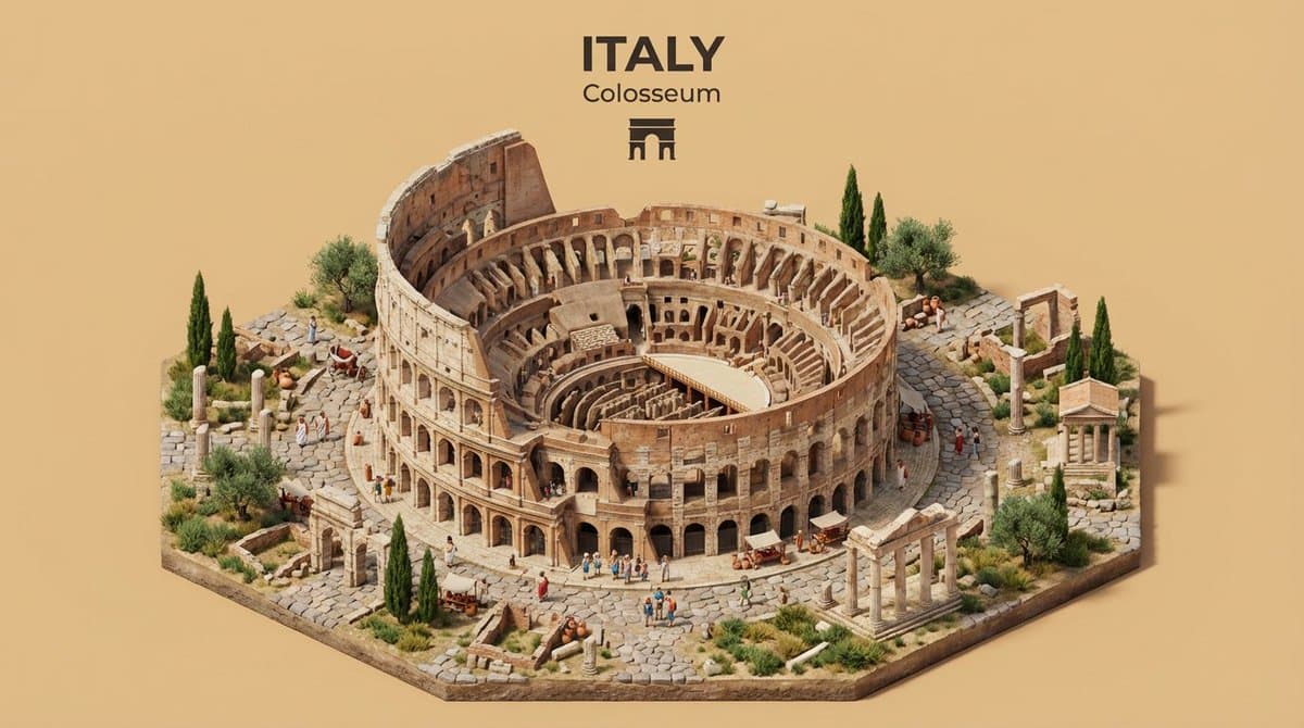 \Create an isometric miniature 3D diorama representing the iconic architecture
