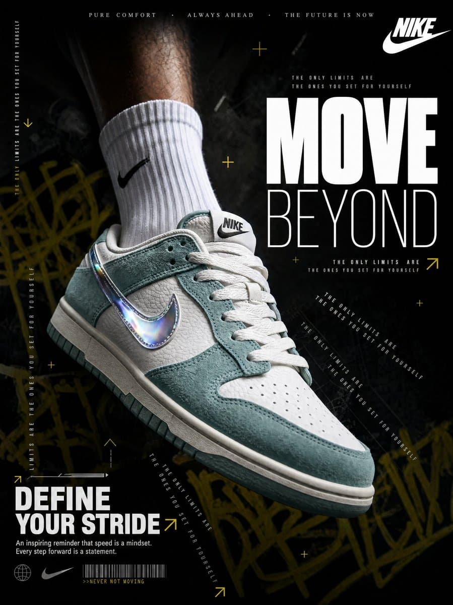 A hyperrealistic Nike sneaker advertisement shot in a dark, moody editorial