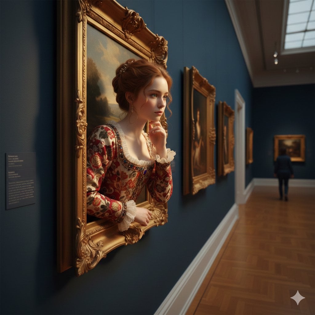 A surreal, ultra-realistic scene of a young woman emerging from an ornate