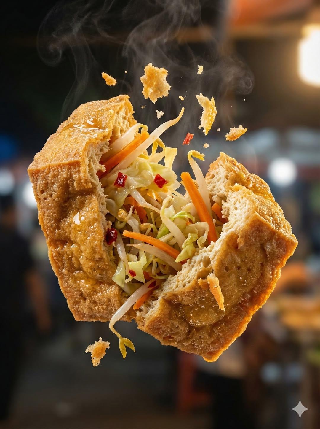 Macro food photography of a crispy martabak telur tearing open mid-air, thin