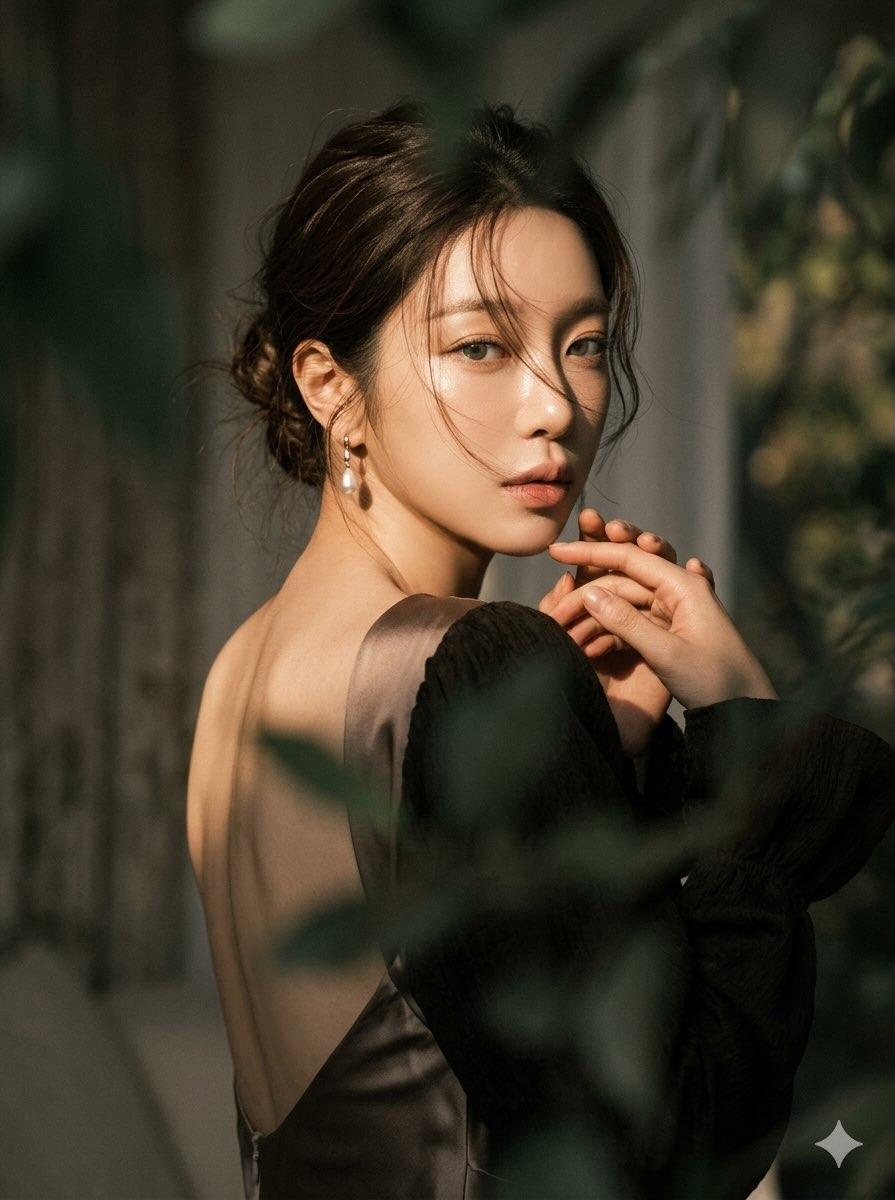 moody, ethereal cinematic portrait of a woman with a dramatic over-the-shoulder