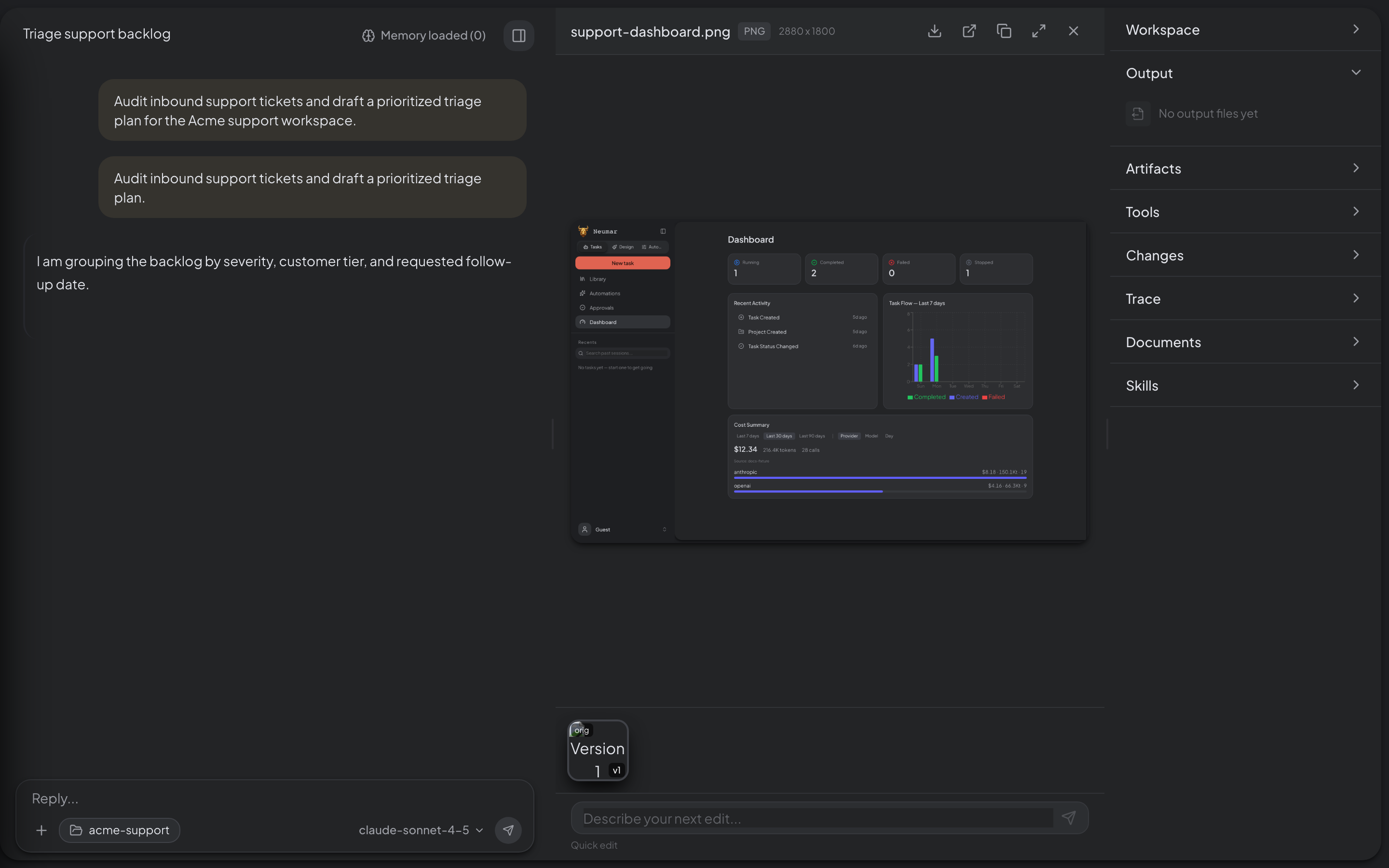 Task detail page showing an agent thread and workspace panels.