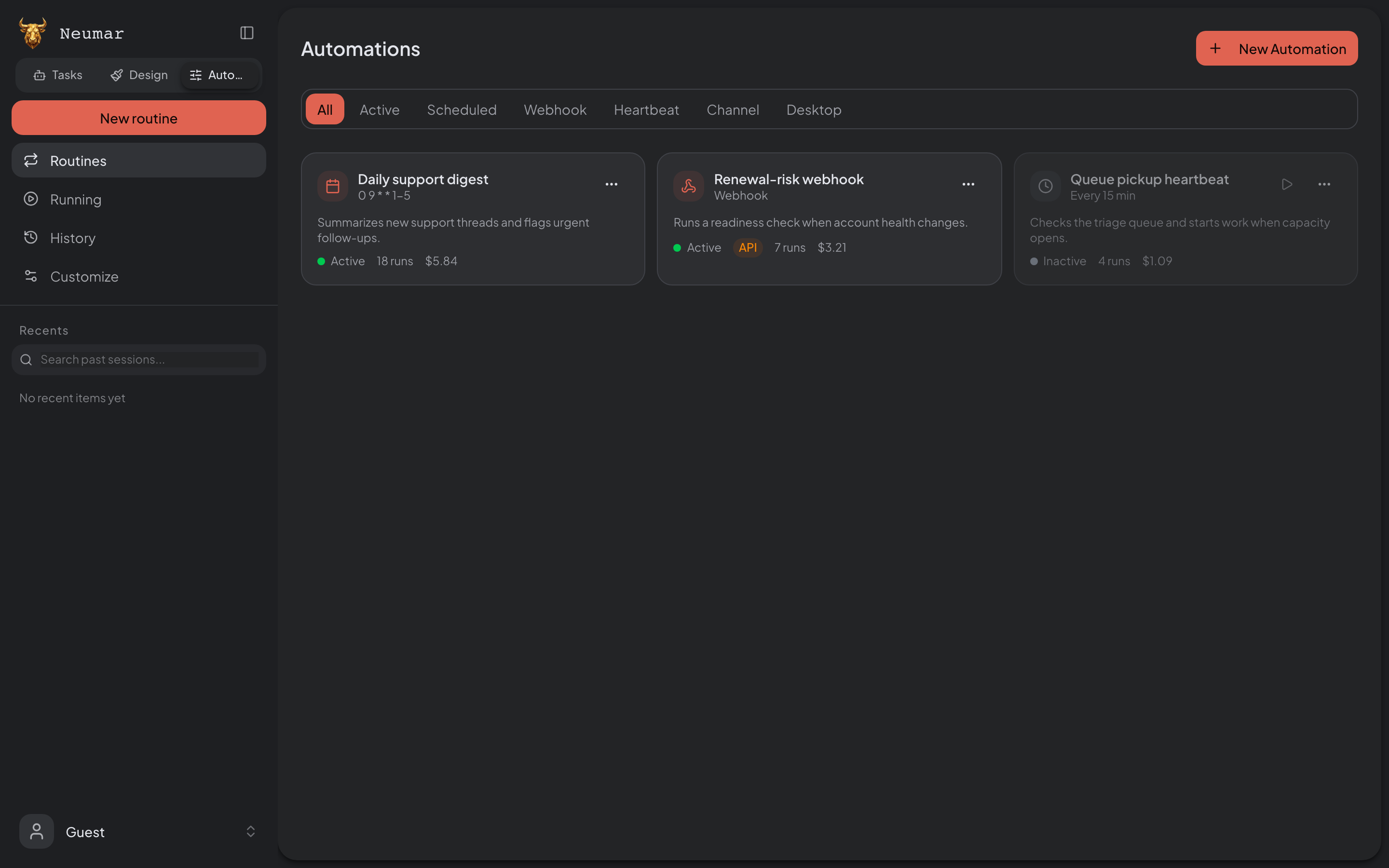 Automations page with automation templates and creation controls.