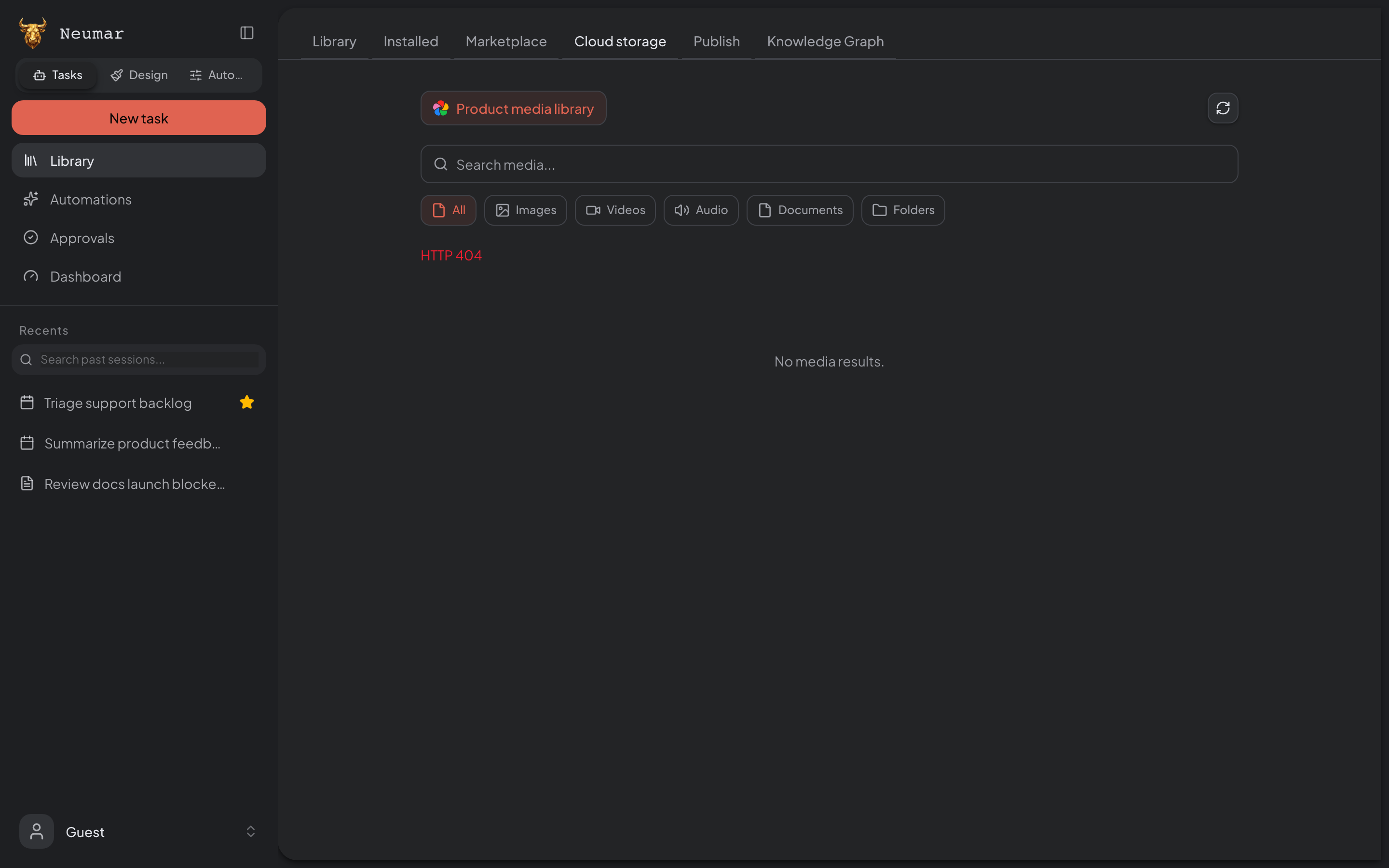 Library cloud storage tab showing connected media sources and browsable assets.