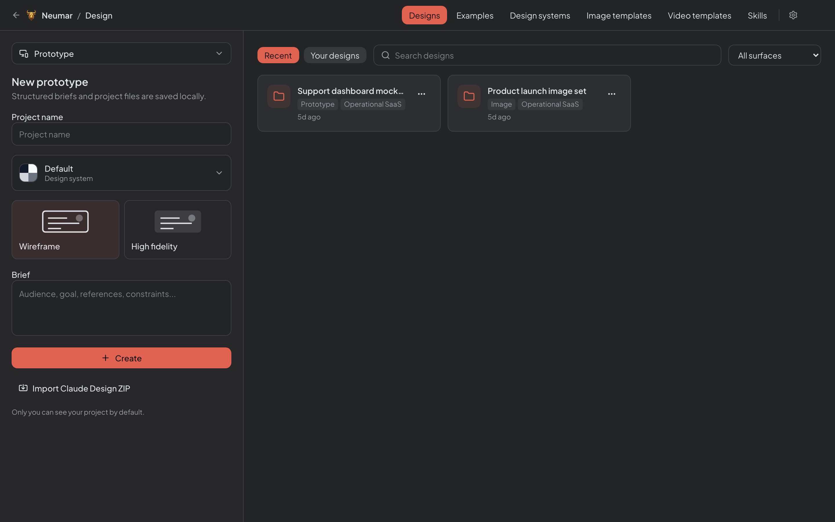 DesignMode entry screen with surface tabs and a new project panel.
