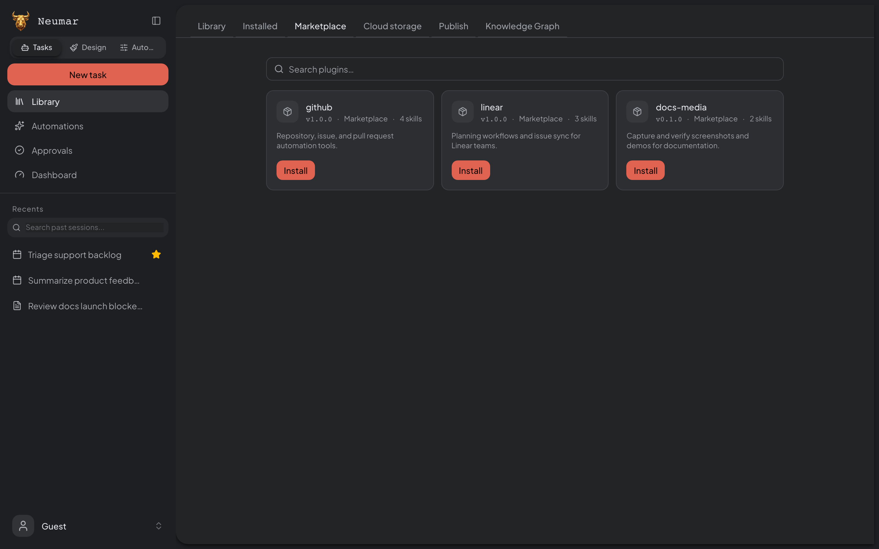 Library marketplace tab for browsing available plugins and skills.