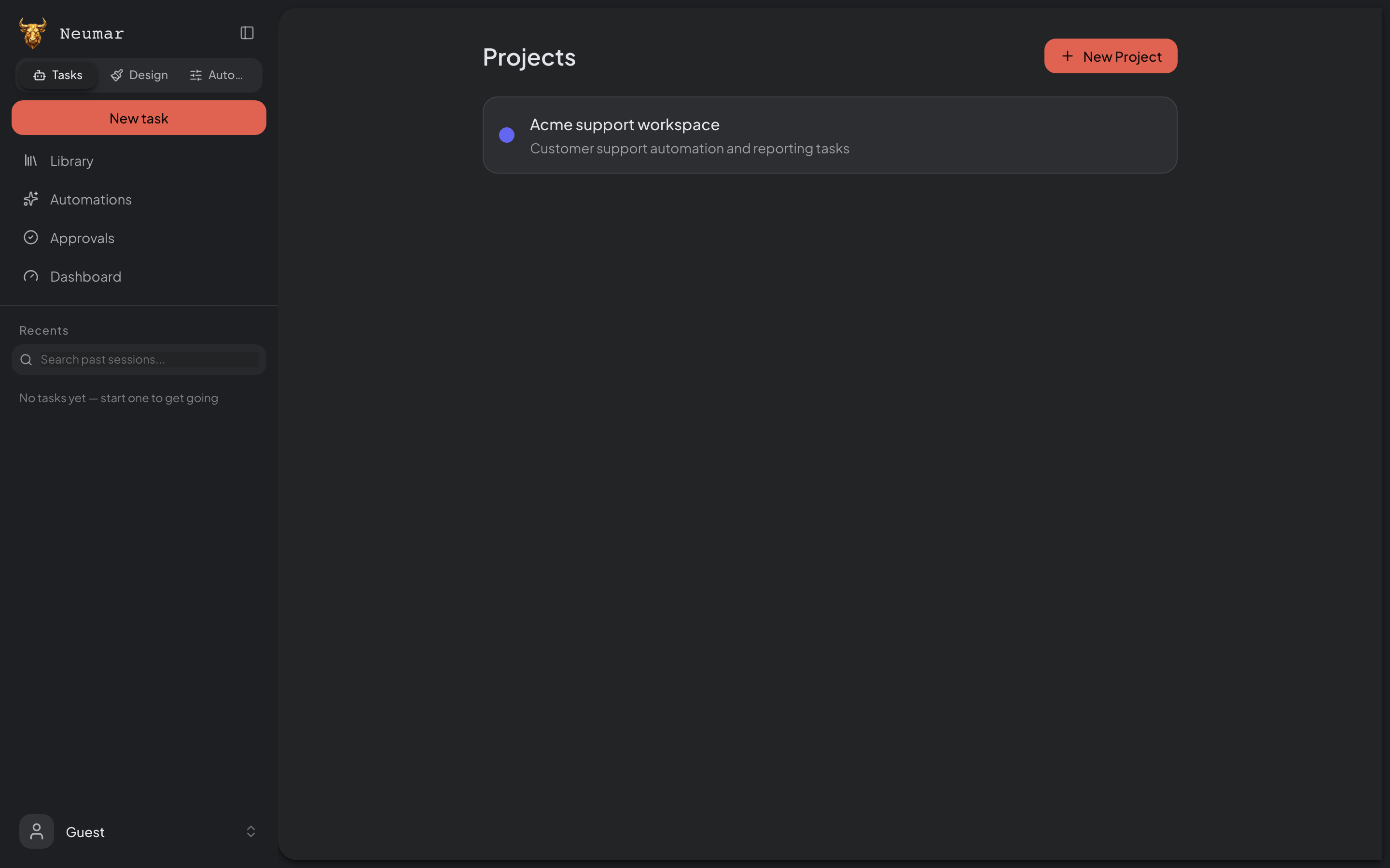 Projects page showing active project cards with descriptions.