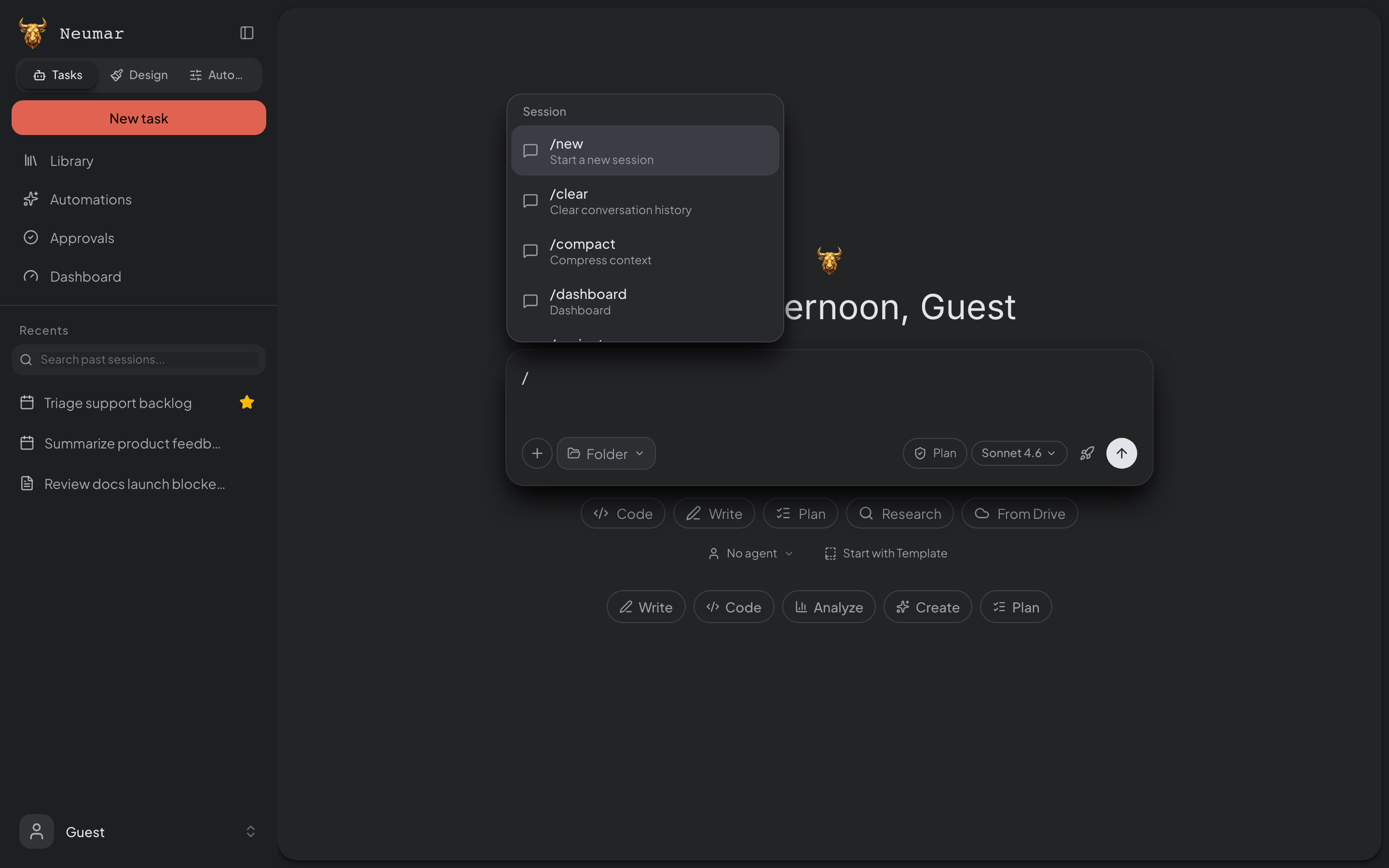 Slash command menu open above the desktop app task composer.